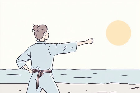 A hand-drawn scene depicting a person practicing tai chi on a beach during sunset. The serene atmosphere promotes relaxation and well-being, capturing the essence of tranquility.の写真素材