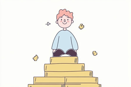 A cheerful businessperson sits on top of a stairway, symbolizing success and achievement. This...