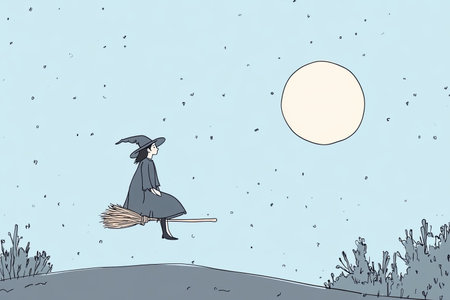 A whimsical illustration of a witch flying on a broomstick across a serene night sky, under a bright moon, capturing a magical and adventurous scene.の写真素材