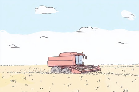 A serene illustration of a combine harvester collecting wheat in a golden field under a clear blue sky. Perfect for agriculture and farming themes.の写真素材