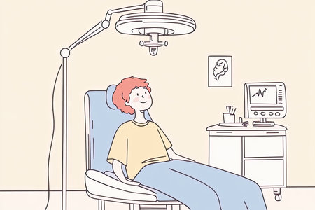 A patient sits comfortably in a treatment room for radiation therapy. The setting features essential medical equipment and a calming atmosphere aimed at patient comfort and care.の写真素材