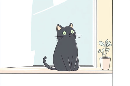 A charming black cat with glowing green eyes sits gracefully on a windowsill, creating a serene and playful indoor atmosphere with a touch of whimsical art.の写真素材