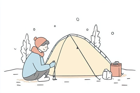 A charming hand-drawn illustration featuring a person enjoying a peaceful winter camping experience by a tent amid snow and trees, evoking warmth and adventure.の写真素材