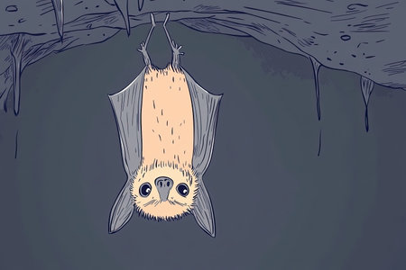 A charming illustration of a bat hanging upside down in a dark cave, emphasizing its cute features and whimsical nature. Ideal for nature-themed projects.の写真素材