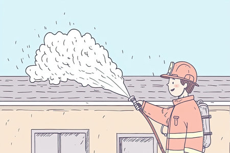 A dedicated firefighter sprays water to control flames on a burning building. This scene captures the bravery and commitment of emergency responders in action.の写真素材