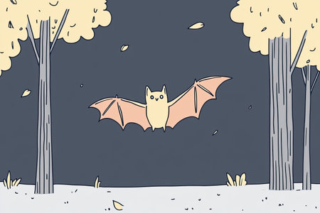 A whimsical illustration of a cute bat flying over a dark forest, featuring hand-drawn style and soft colors, perfect for nature-themed projects.の写真素材