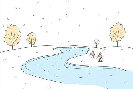 A serene scene featuring a winding frozen river surrounded by a snowy landscape. People enjoy their time outdoors, highlighting the beauty of winter tranquility.の写真素材