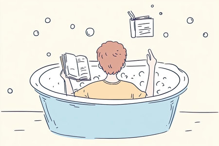 A serene illustration of a person enjoying a relaxing bubble bath while reading a book. Ideal for...