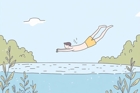 A hand-drawn illustration of a swimmer diving into a crystal clear lake, surrounded by lush greenery and a bright blue sky, capturing the essence of summer fun and adventure.の写真素材