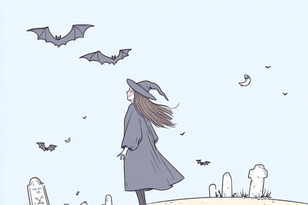 A whimsical illustration of a witch flying over a haunted graveyard, surrounded by bats and a full moon. Perfect for Halloween-themed projects or enchanting artwork.の写真素材