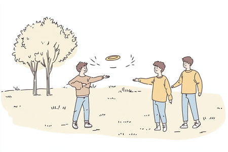A hand-drawn scene showcasing friends joyfully playing ultimate frisbee in a park. The illustration captures a lively moment of friendship and outdoor fun.の写真素材