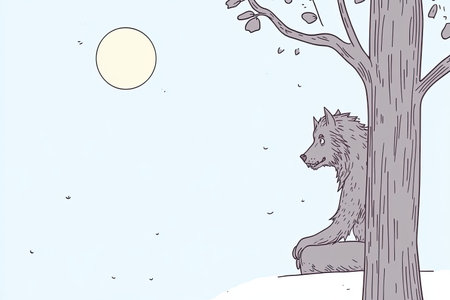 An enchanting illustration of a werewolf lurking behind a tree, ready to pounce. The scene evokes a mystical atmosphere, blending nature and fantasy.の写真素材
