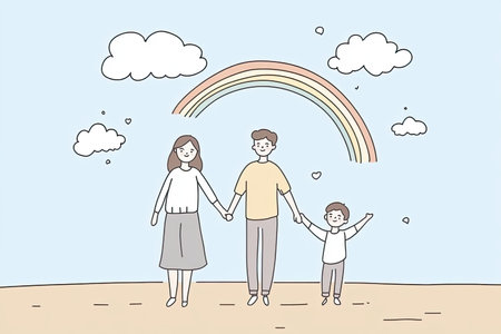 A charming illustration of a family walking together under a rainbow, capturing the essence of joy and togetherness in a playful outdoor setting.の写真素材