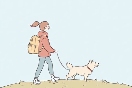 A person enjoys an adventurous hike with their dog, embracing nature and the outdoors. This cheerful scene captures the joy of companionship and exploration.の写真素材