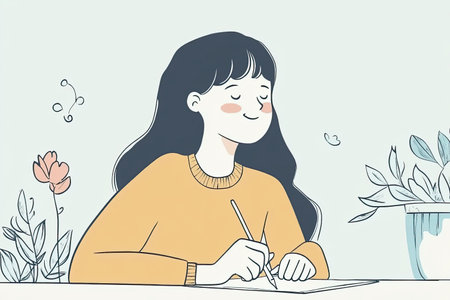 A charming hand-drawn illustration of a person enjoying coloring in an adult coloring book, surrounded by nature-inspired elements and a joyful atmosphere.の写真素材