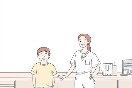 A cheerful nurse smiles while administering a vaccine to a happy child in a clinic setting. This image captures the caring relationship in pediatric healthcare.の写真素材