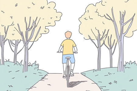 A person enjoys cycling through a peaceful forest trail, embracing nature and promoting an active lifestyle. This serene scene captures freedom and adventure.の写真素材