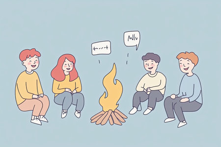 A cheerful group of friends shares laughter and joy around a campfire, creating warm memories and meaningful connections in a relaxed outdoor setting.の写真素材