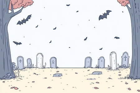 A spooky graveyard scene featuring tombstones, swirling mist, and bats flying through the eerie twilight sky, creating a haunting and mysterious atmosphere.の写真素材