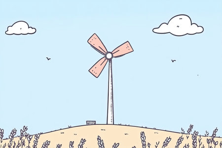 A whimsical illustration of a spinning windmill above a golden wheat field, under a bright blue sky with fluffy clouds, symbolizing nature and renewable energy.の写真素材