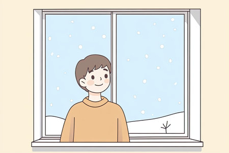 A charming illustration of a child peeking through a frosty window, gazing at a serene winter landscape filled with snowflakes. The scene evokes warmth and curiosity.の写真素材