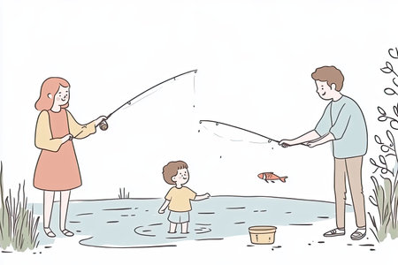 A heartwarming scene showing parents teaching their children to fish by a tranquil pond, emphasizing family bonding and outdoor learning experiences.の写真素材