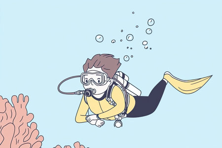 A vibrant hand-drawn illustration of a scuba diver exploring a coral reef, surrounded by bubbles in a serene underwater environment, perfect for adventure and ocean-themed projects.の写真素材