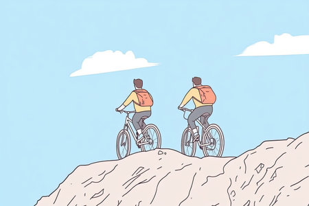 Two bikers navigate a rugged mountain trail, enjoying the beauty of nature. The illustration captures their adventurous spirit against a serene sky backdrop.の写真素材