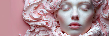 This captivating image features a serene beauty concept, showcasing a modelÂ’s face surrounded by...