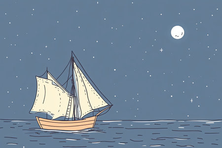 A whimsical illustration of a ghost ship sailing through a misty sea at night, under a starry sky. Perfect for themes of adventure and mystery.の写真素材