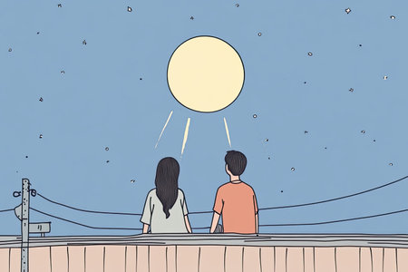Two figures sit side by side on a moonlit rooftop, gazing at the night sky with stars above. Its a...
