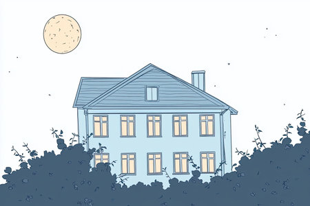 A spooky mansion with flickering lights in the windows, surrounded by dark foliage under a bright moon, creating an eerie atmosphere ideal for storytelling.の写真素材