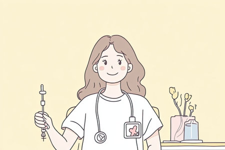 A nurse is seen calmly administering medication through an IV drip, showcasing professionalism and care in a clinical environment with a serene backdrop.の写真素材