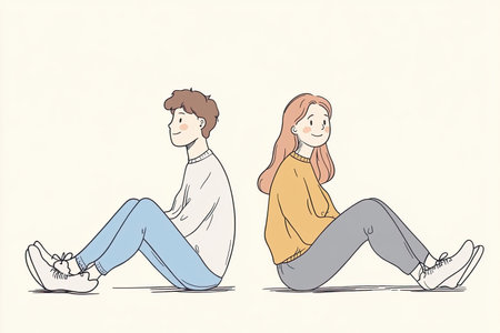 Two young individuals sit back to back in a vibrant illustration, showcasing their unique styles and expressions. This image captures a sense of connection and individuality.の写真素材