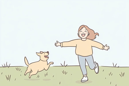 A joyful child runs with a happy dog in an open field, capturing the essence of carefree moments and playful adventures in the outdoors.の写真素材