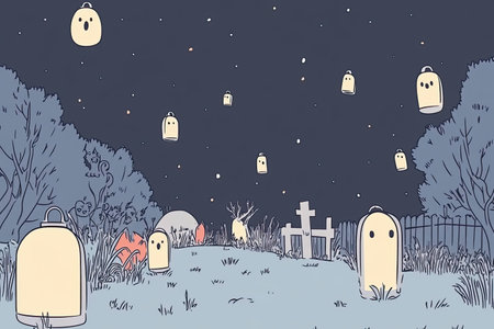 Discover a whimsical graveyard scene with floating ghost lanterns illuminating the night sky, creating an enchanting atmosphere filled with mystery and calm.の写真素材
