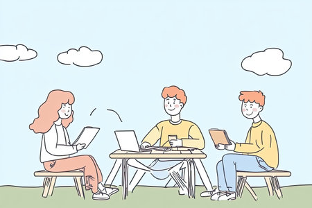 Three students engage in collaborative study outdoors on a sunny day. Surrounded by nature, they enjoy a relaxed learning atmosphere while sharing ideas.の写真素材