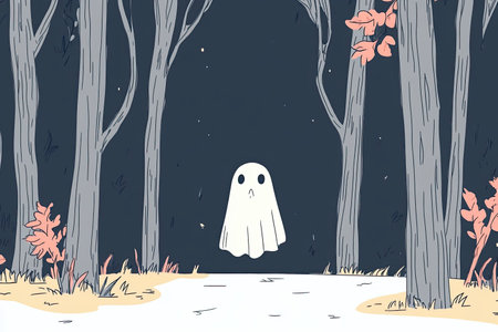 This charming hand-drawn illustration features a ghost floating through a dark forest, surrounded by...