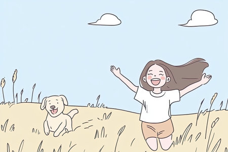 A joyful child runs freely with a playful dog in a sunny field. The scene captures the essence of carefree childhood and the bond between kids and pets.の写真素材