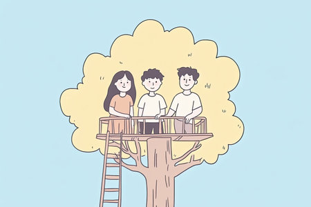 A charming hand-drawn illustration of a joyful family together in a treehouse, capturing moments of fun, laughter, and togetherness in a serene outdoor setting.の写真素材