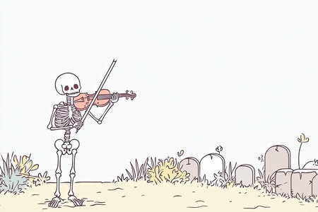 A whimsical illustration of a skeleton playing a violin in a misty graveyard, blending humor and macabre charm in a serene outdoor setting.の写真素材