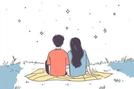 A tranquil scene of a couple sitting on a blanket under a starry sky, sharing a peaceful moment. Perfect for themes of love, romance, and connection in nature.の写真素材