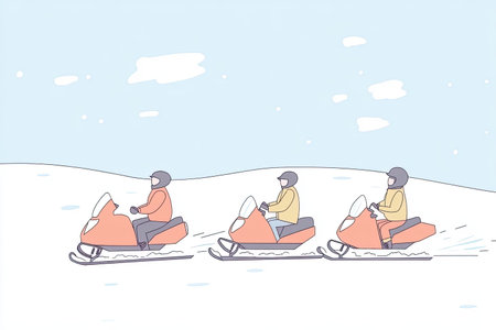 A lively scene of friends riding snowmobiles through a snowy landscape, capturing the joy and excitement of winter adventures in a beautiful outdoor setting.の写真素材