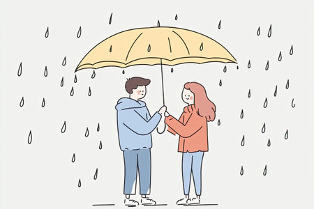 A charming illustration of two people sharing a yellow umbrella under sparkling rain, capturing the essence of joy, love, and togetherness on a magical day.の写真素材