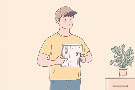 A smiling electrician in a yellow shirt holds a fuse box in a residential setting. This illustration captures the essence of home repairs and electrical work.の写真素材