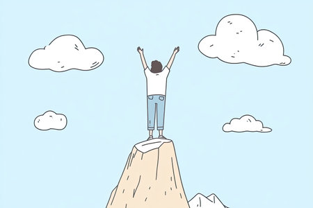 A hand-drawn illustration of a person doing a handstand atop a mountain peak, celebrating achievement against a bright sky filled with clouds.の写真素材
