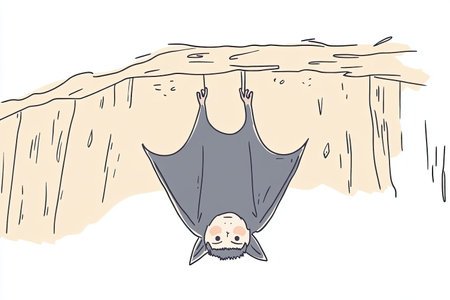 Illustrative art of a bat hanging upside down in a dark cave, capturing an eerie yet whimsical scene. Perfect for wildlife and fantasy themes.の写真素材