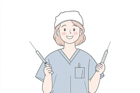 A cheerful nurse in scrubs and a cap holds two syringes, symbolizing healthcare and medical support. This illustration represents professionalism and care in the medical field.の写真素材