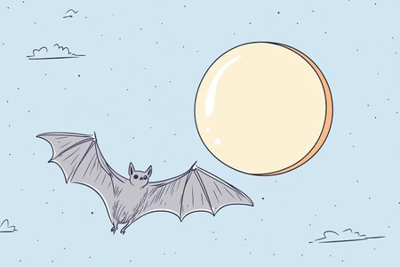 A whimsical illustration featuring a bat gracefully flying in front of a glowing orange moon. The...