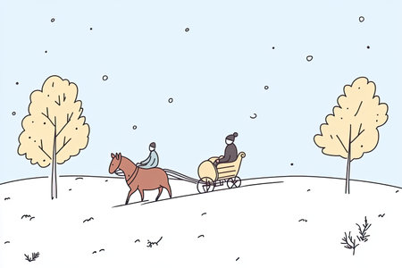 A charming scene of a person riding a sleigh pulled by a horse through a snowy meadow, surrounded by serene trees and gentle snowfall, perfect for winter themes.の写真素材